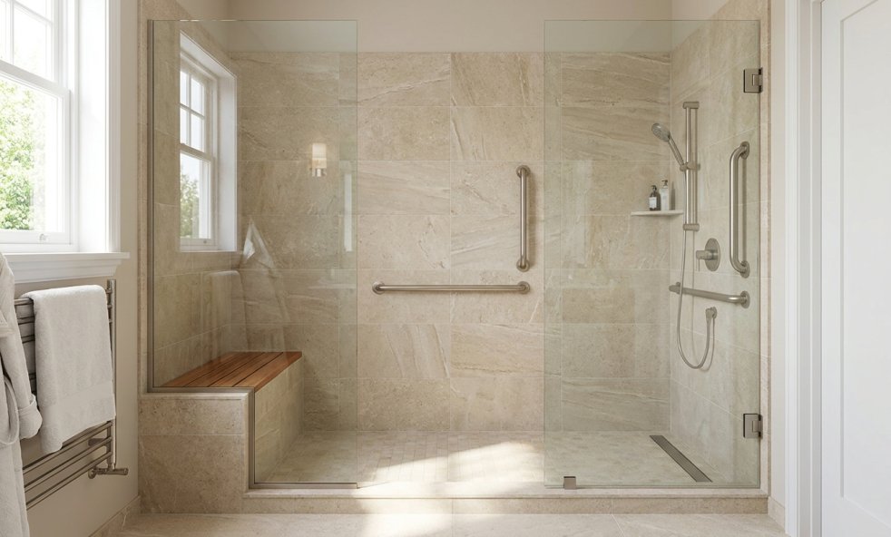 Accessible walk-in shower with grab bars, built-in bench, and glass door in a bright bathroom