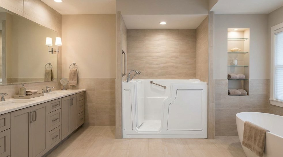 Modern bathroom with newly installed walk-in bathtub, vanity, mirror, and grab bar