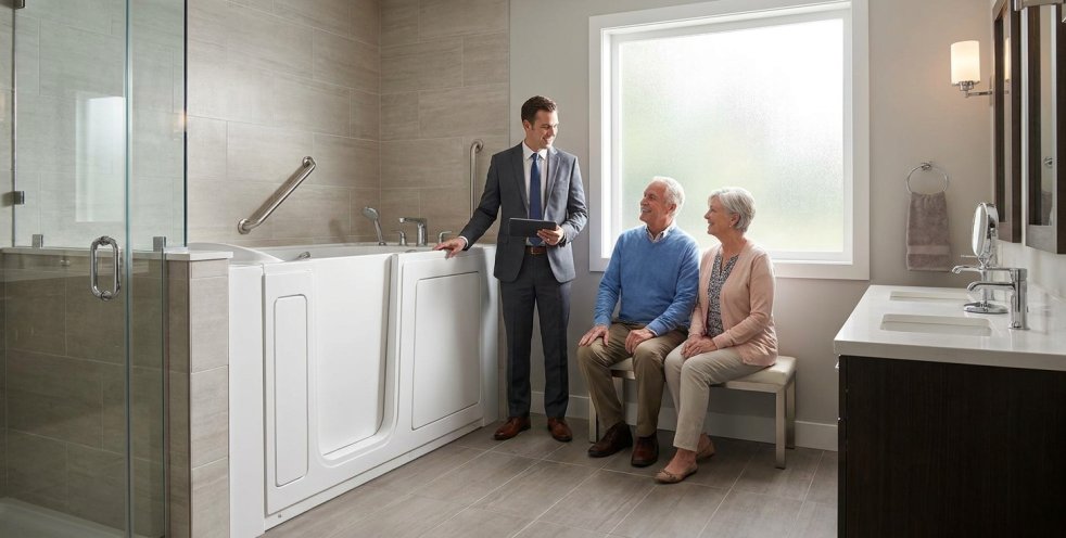 Salesman showing a walk-in tub to an elderly couple in a modern bathroom
